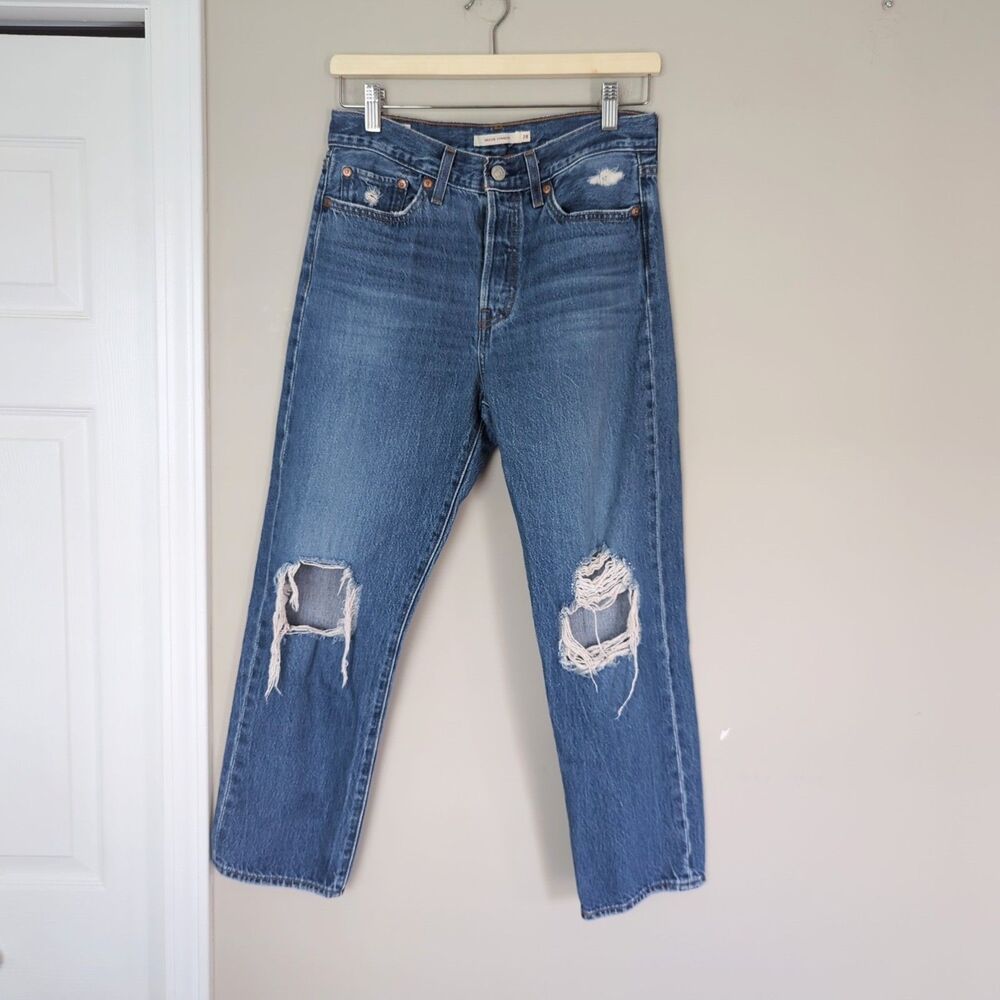 Levi's Wedgie Straight Distressed Ripped Button Fly Jeans 28 Mid Rise Indigo